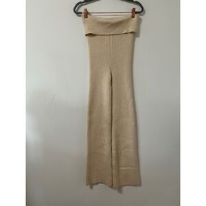 Aerie Ribbed Knit Wide Leg Pants Oatmeal Cream Fold Over Waist Sweater Small